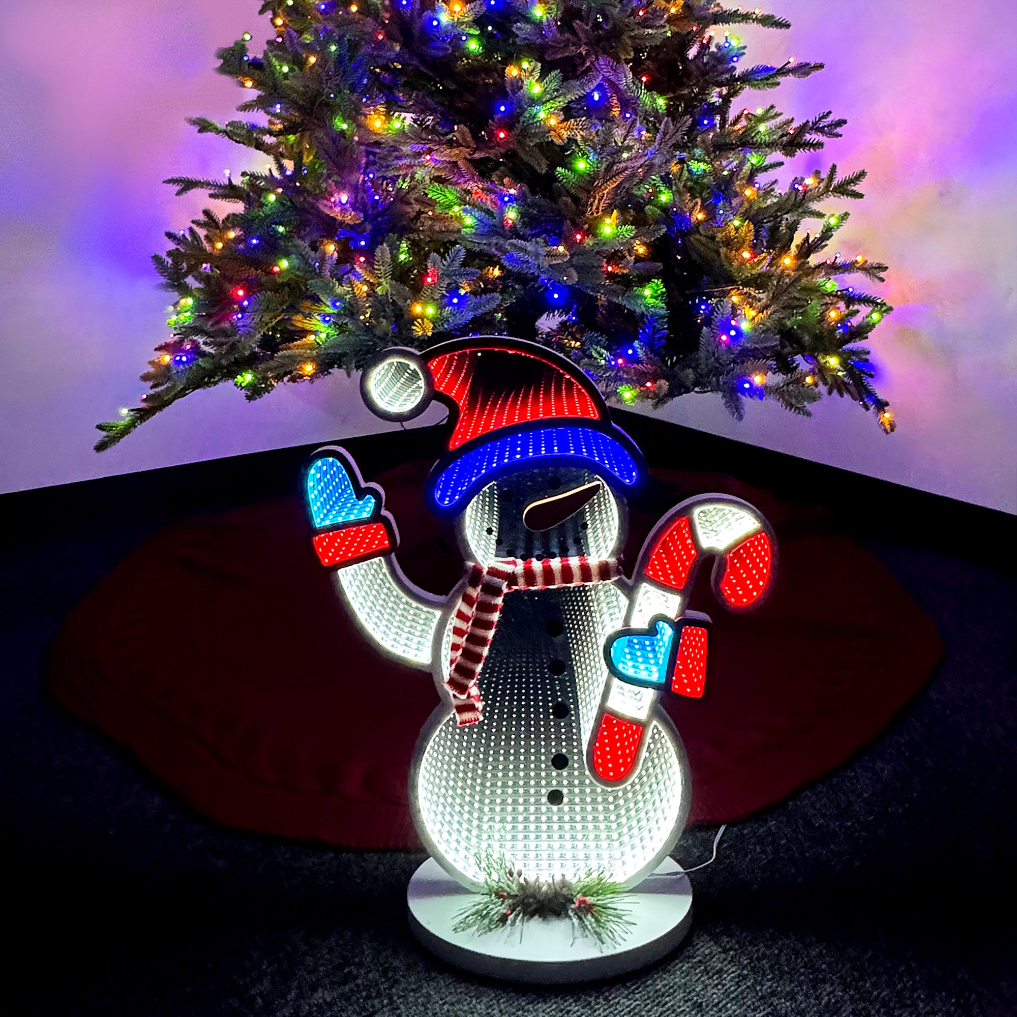 Christmas snowman infinity mirror light with LED lights and endless depth effect. USB powered holiday decor, larger size, made from mirrored acrylic and foam board. Perfect for indoor use around the Christmas tree or as festive tabletop decoration.