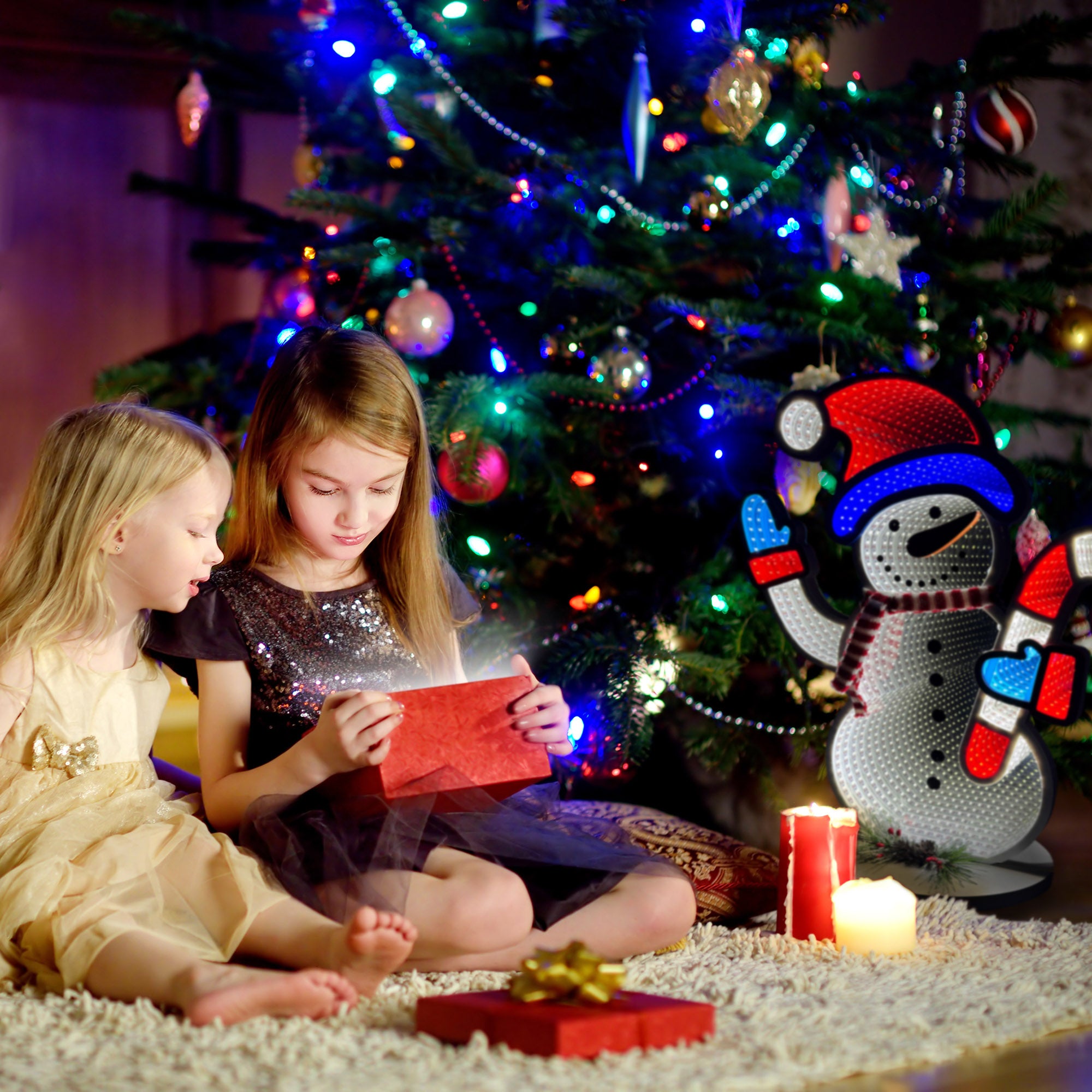 Christmas snowman infinity mirror light with LED lights and endless depth effect. USB powered holiday decor, larger size, made from mirrored acrylic and foam board. Perfect for indoor use around the Christmas tree or as festive tabletop decoration.