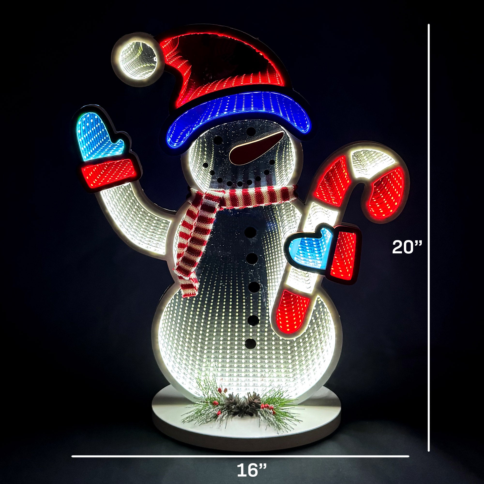 Christmas snowman infinity mirror light with LED lights and endless depth effect. USB powered holiday decor, larger size, made from mirrored acrylic and foam board. Perfect for indoor use around the Christmas tree or as festive tabletop decoration.