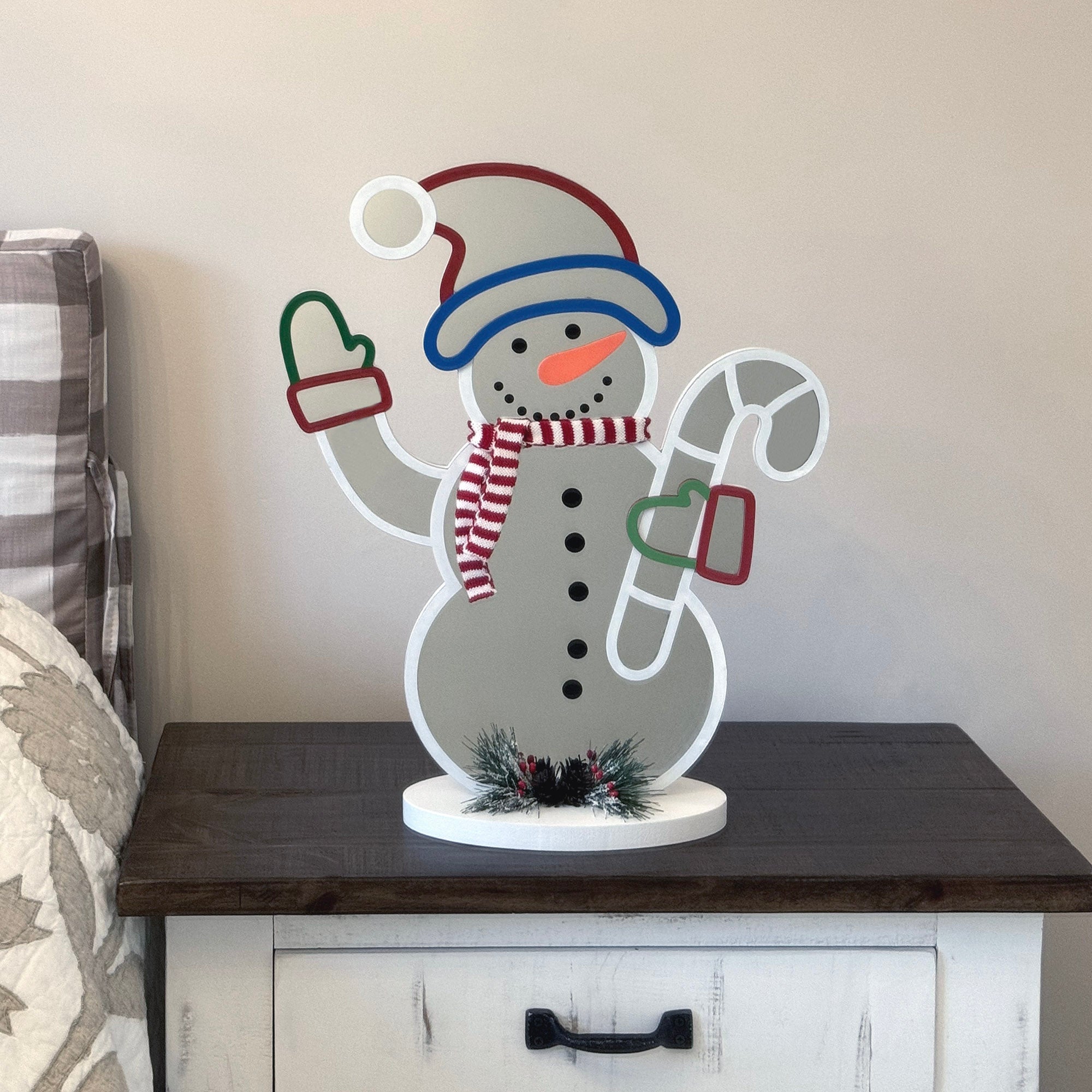 Christmas snowman infinity mirror light with LED lights and endless depth effect. USB powered holiday decor, larger size, made from mirrored acrylic and foam board. Perfect for indoor use around the Christmas tree or as festive tabletop decoration.