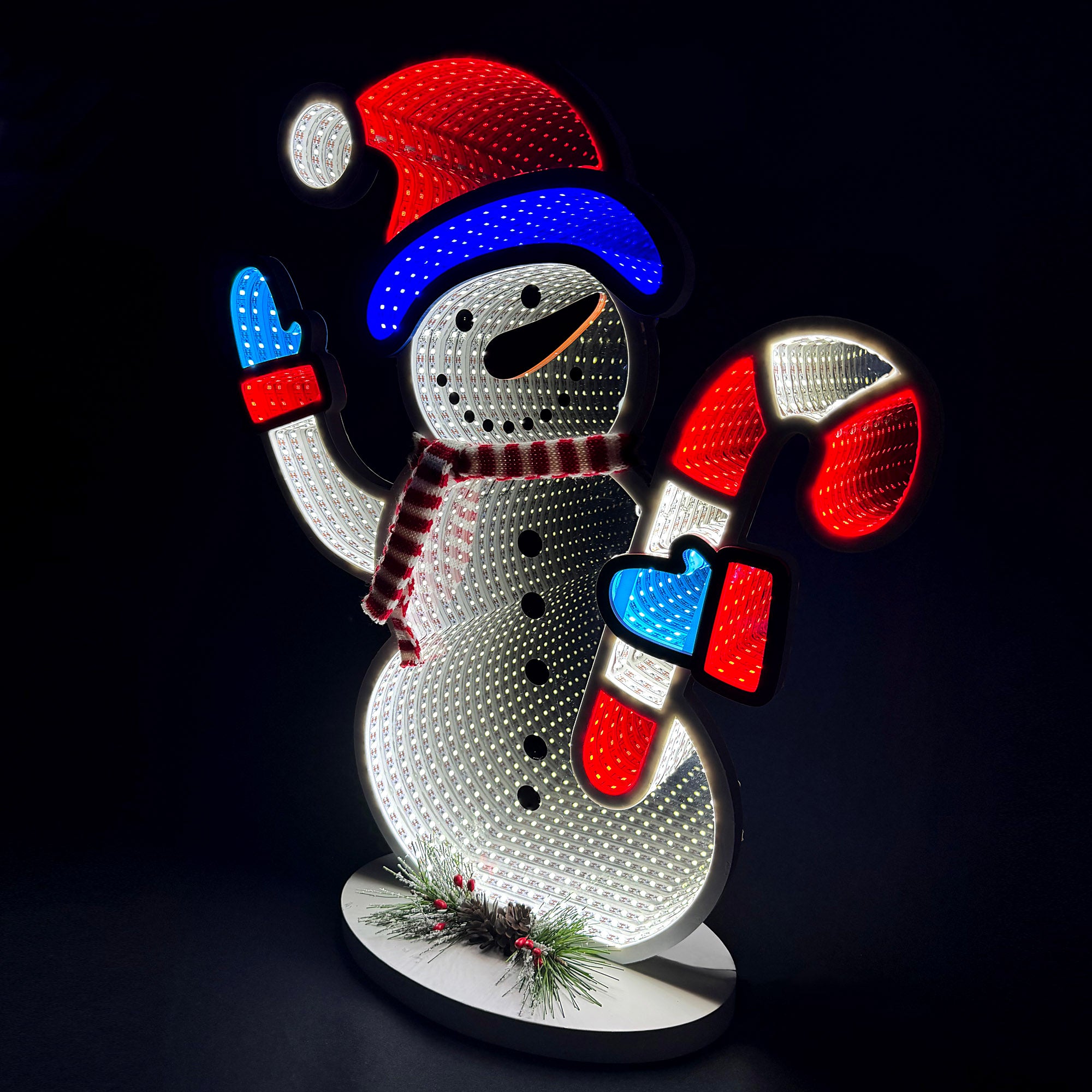 Christmas snowman infinity mirror light with LED lights and endless depth effect. USB powered holiday decor, larger size, made from mirrored acrylic and foam board. Perfect for indoor use around the Christmas tree or as festive tabletop decoration.